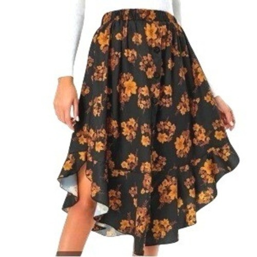 Dark Floral Cottagecore‎ High Low Skirt Button Front Ruffle Hem L Black Boho